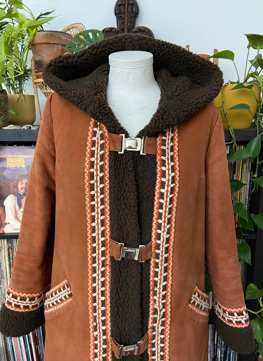 Vintage 1970s Brown Hooded Afghan Coat
