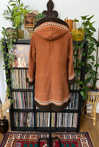 Vintage 1970s Brown Hooded Afghan Coat