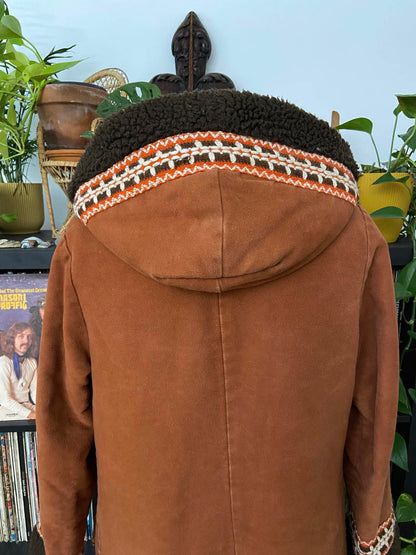 Vintage 1970s Brown Hooded Afghan Coat