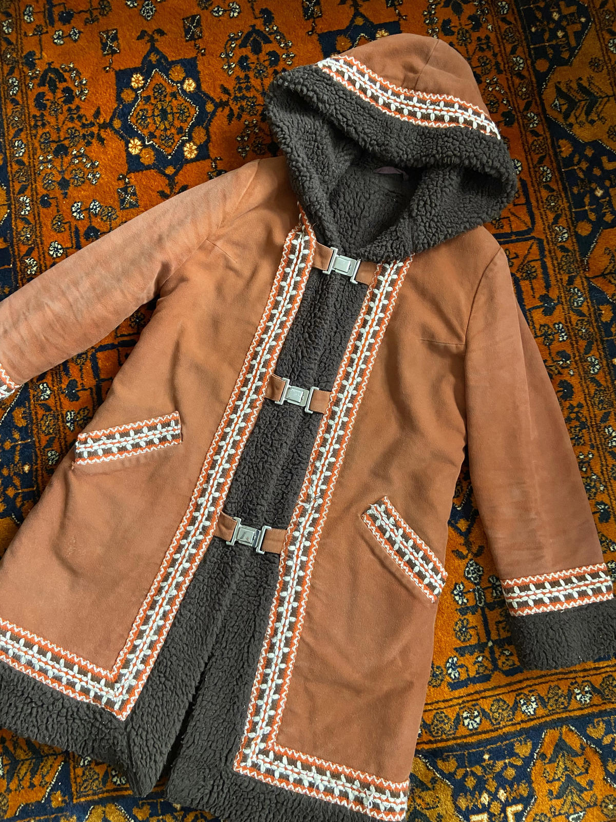 Vintage 1970s Brown Hooded Afghan Coat