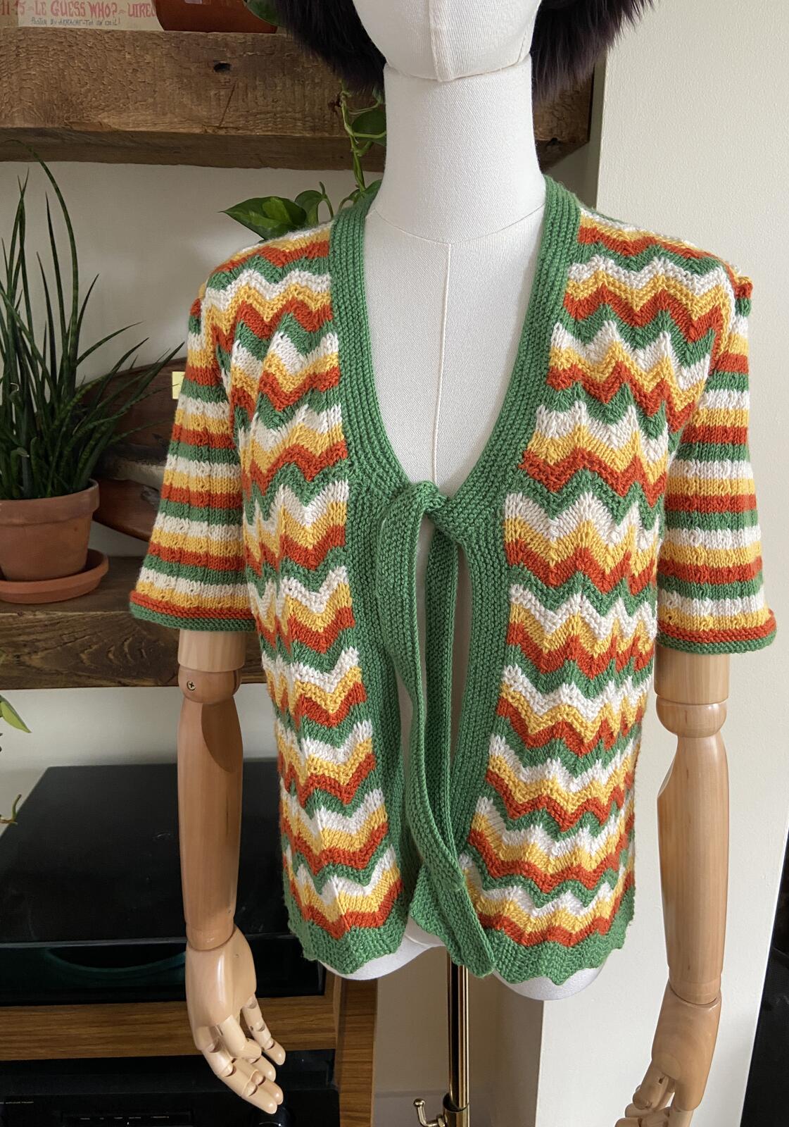 Vintage 1970s Green Chevron Cardigan