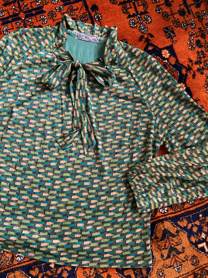 Vintage 1960s Green Pussybow Blouse