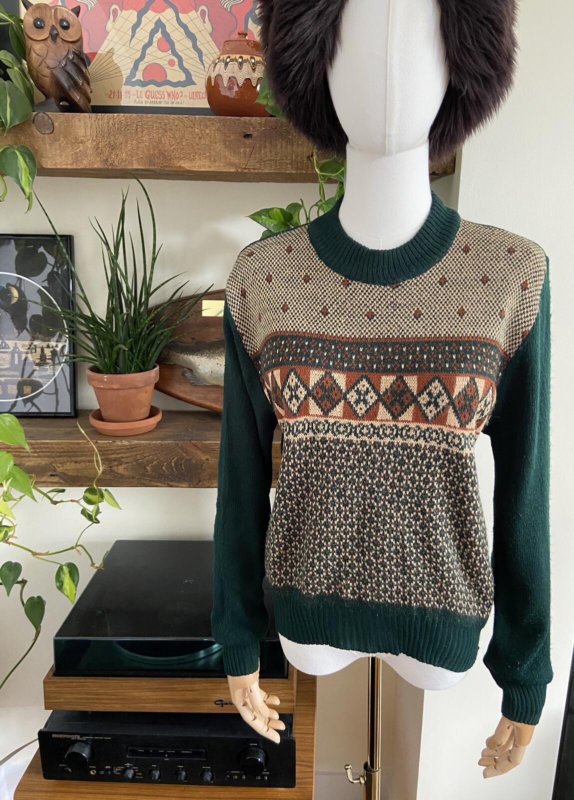 Vintage 1980s Dark Green Fair Isle Jumper