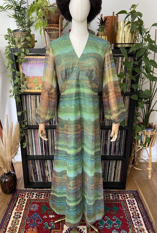 Vintage 1970s Green Psychedelic Print Maxi Dress