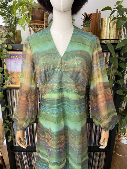 Vintage 1970s Green Psychedelic Print Maxi Dress