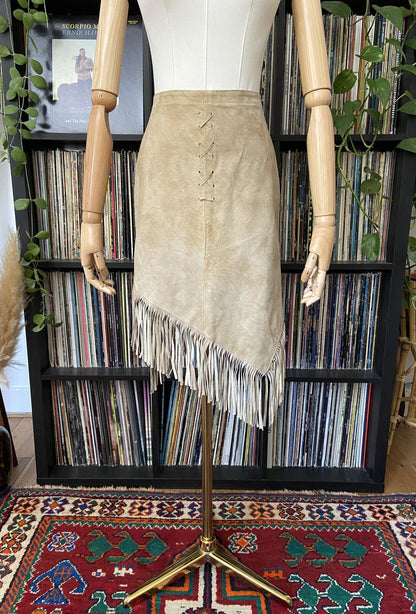 Vintage Beige Suede Fringed Skirt
