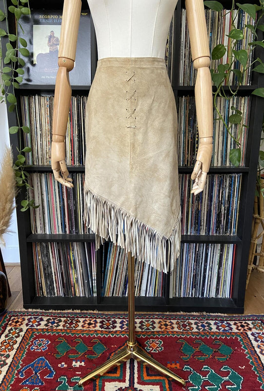 Vintage Beige Suede Fringed Skirt