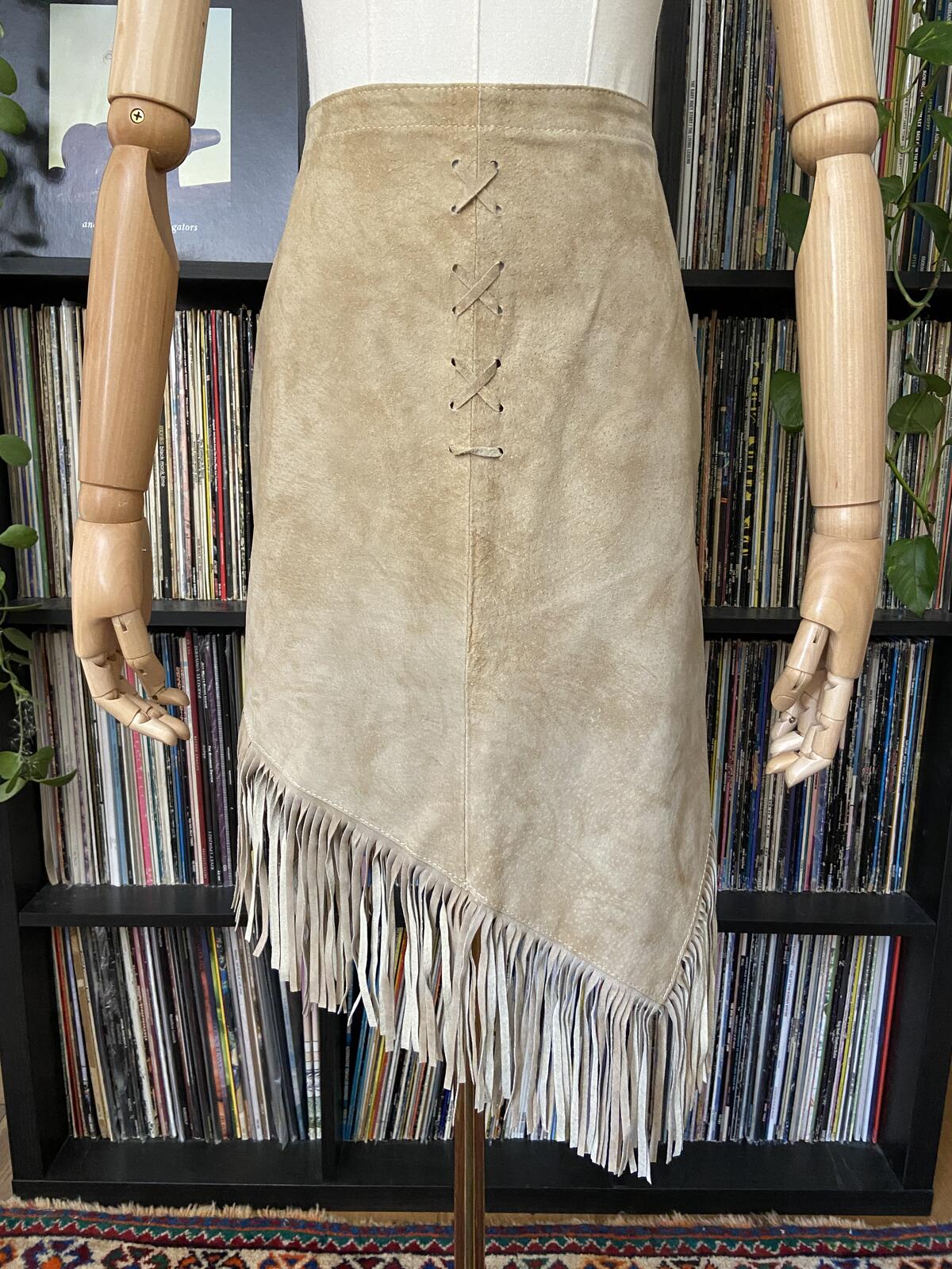 Vintage Beige Suede Fringed Skirt