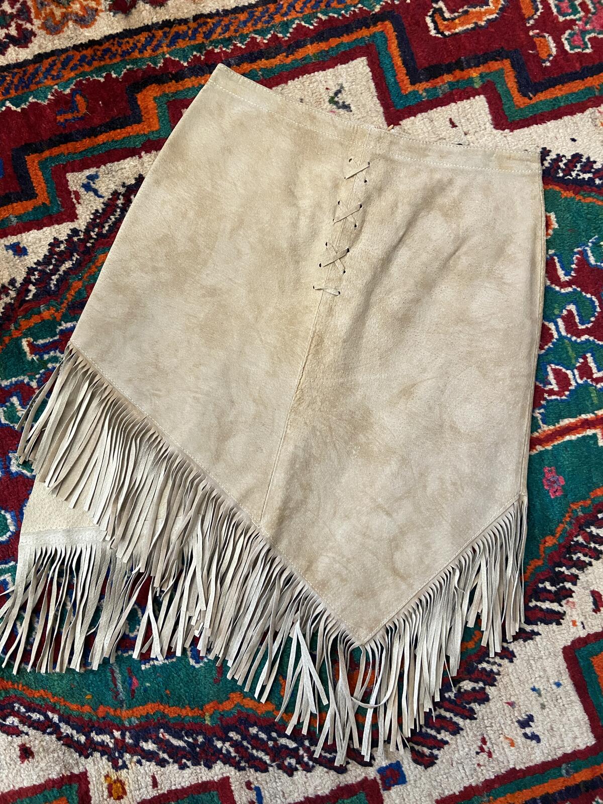 Vintage Beige Suede Fringed Skirt