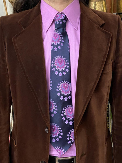 Vintage 1970s Purple & Navy Woven Patterned Tie
