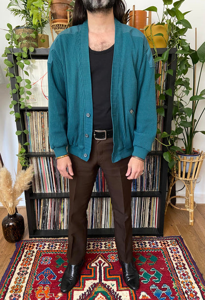 Vintage 1970s Teal Ribbed Cardigan Jacket