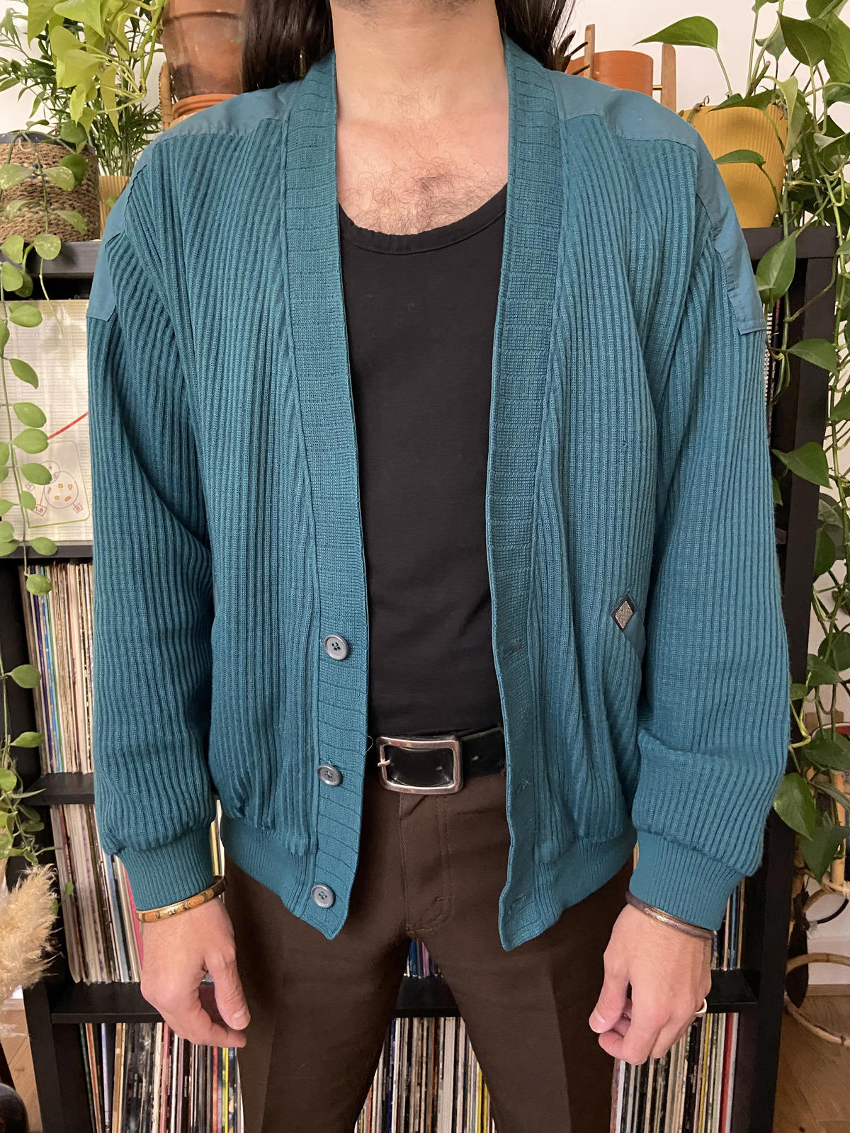 Vintage 1970s Teal Ribbed Cardigan Jacket