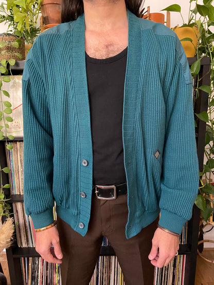 Vintage 1970s Teal Ribbed Cardigan Jacket