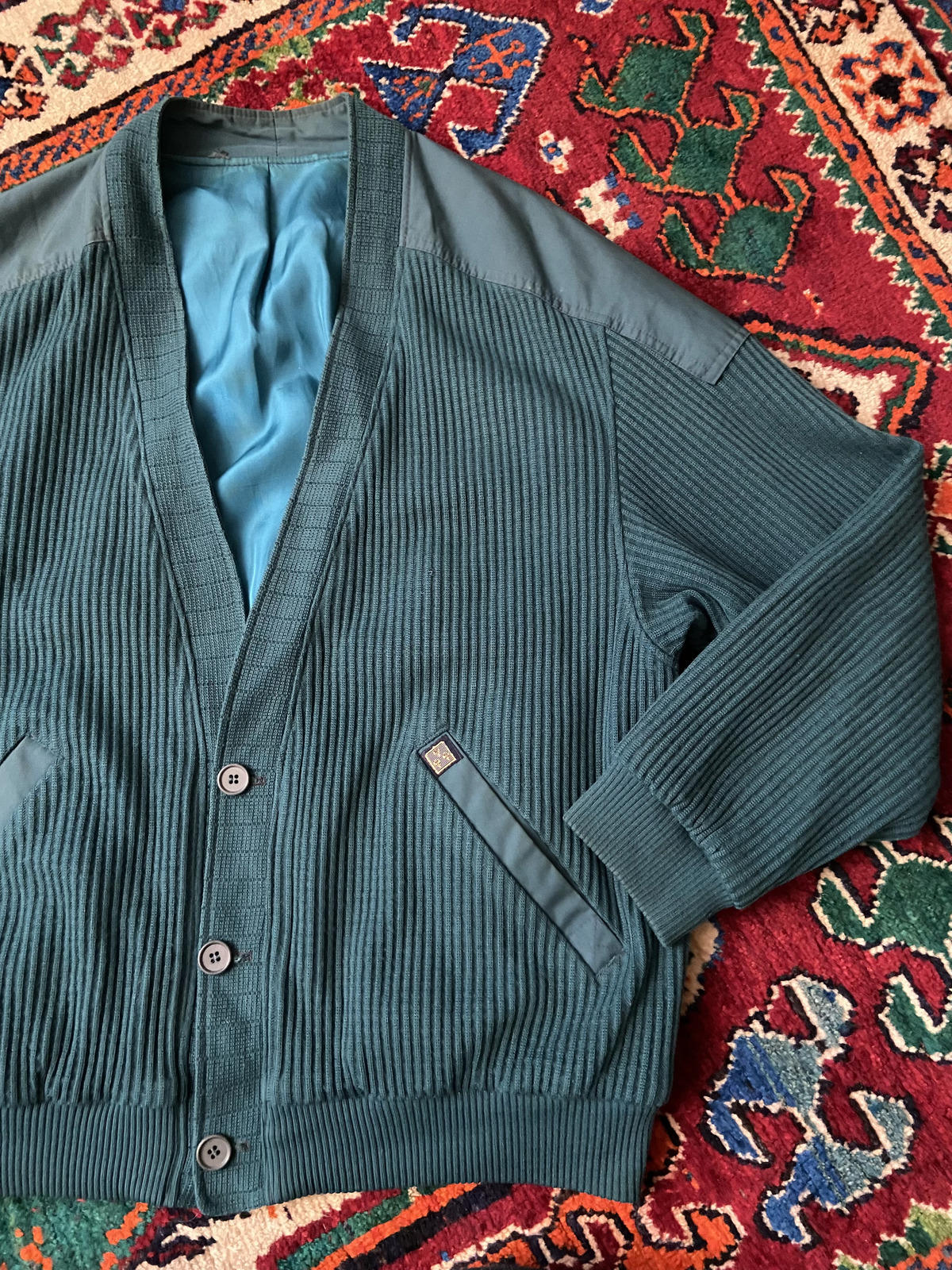 Vintage 1970s Teal Ribbed Cardigan Jacket