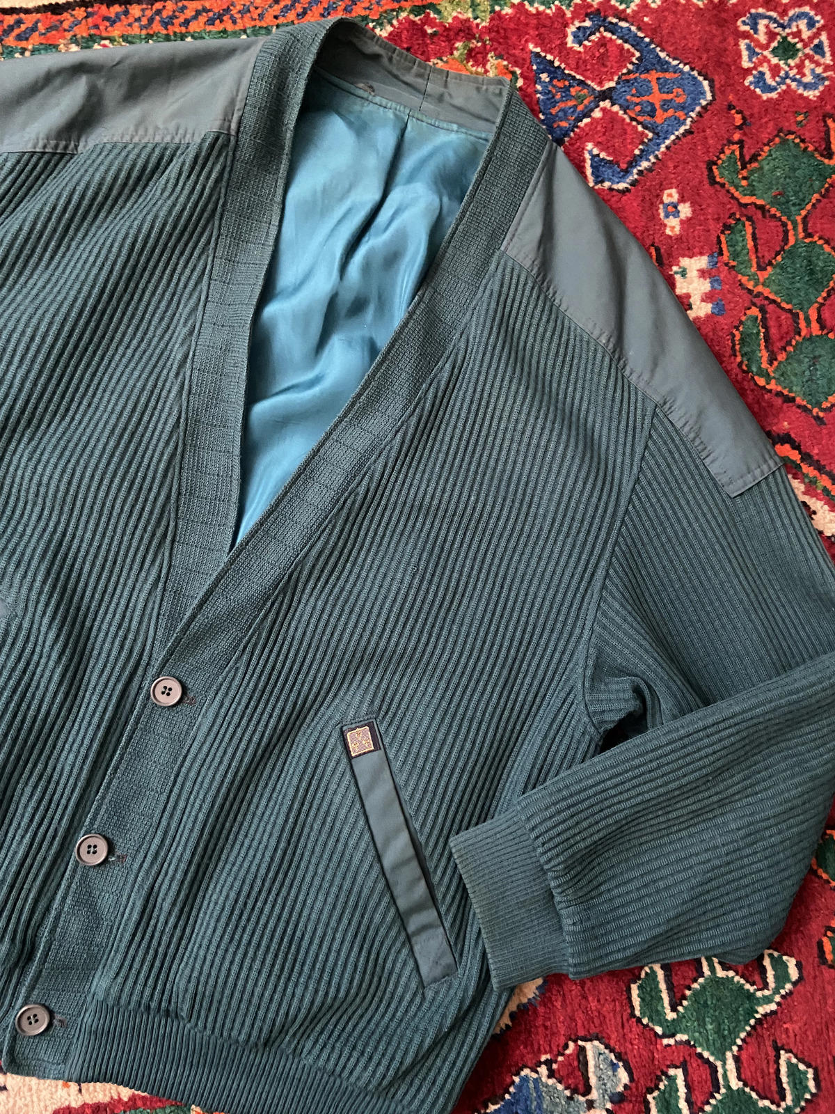 Vintage 1970s Teal Ribbed Cardigan Jacket