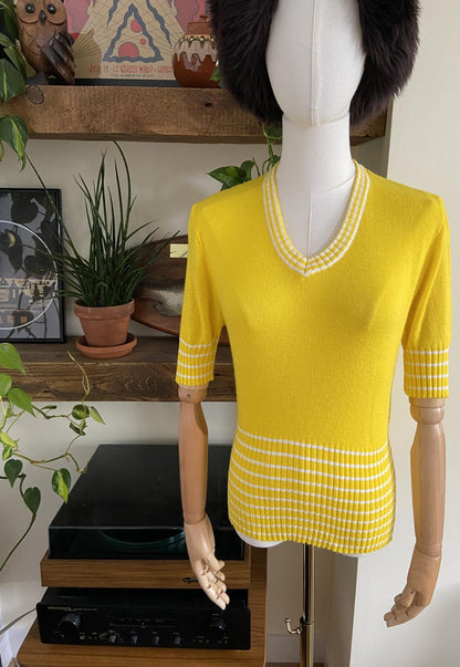 Vintage 1970s Yellow White Striped Knit Top