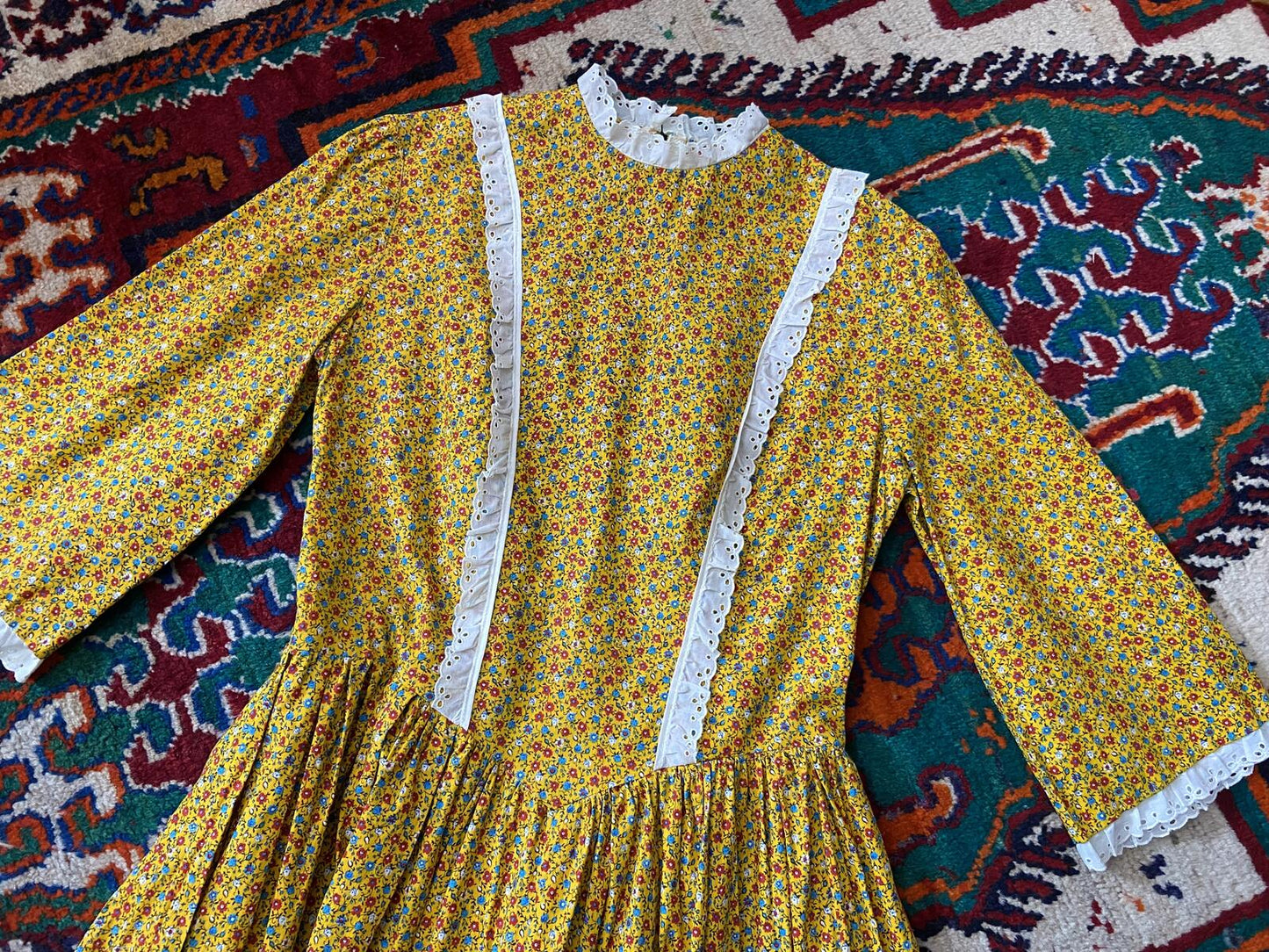 Vintage 1970s Homemade Yellow Prairie Dress