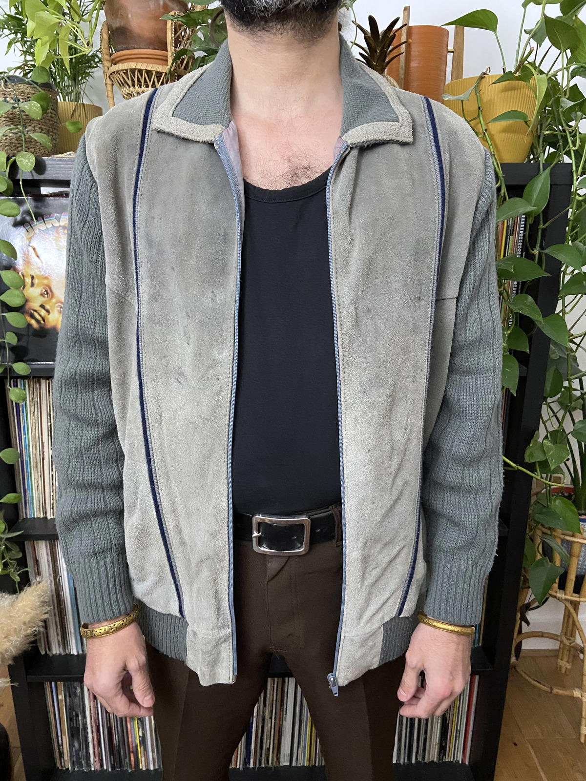 Vintage 1970s Grey Suede Fronted Cardigan