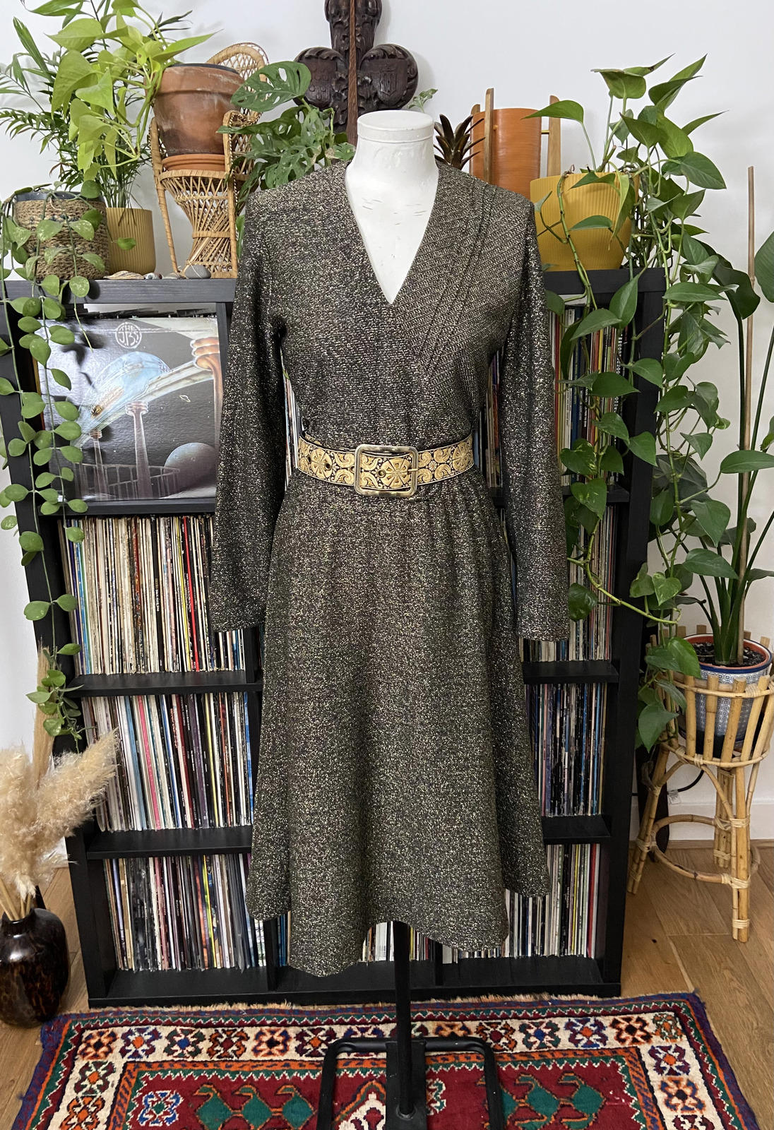 Vintage 1970s Gold Black Lurex Dress