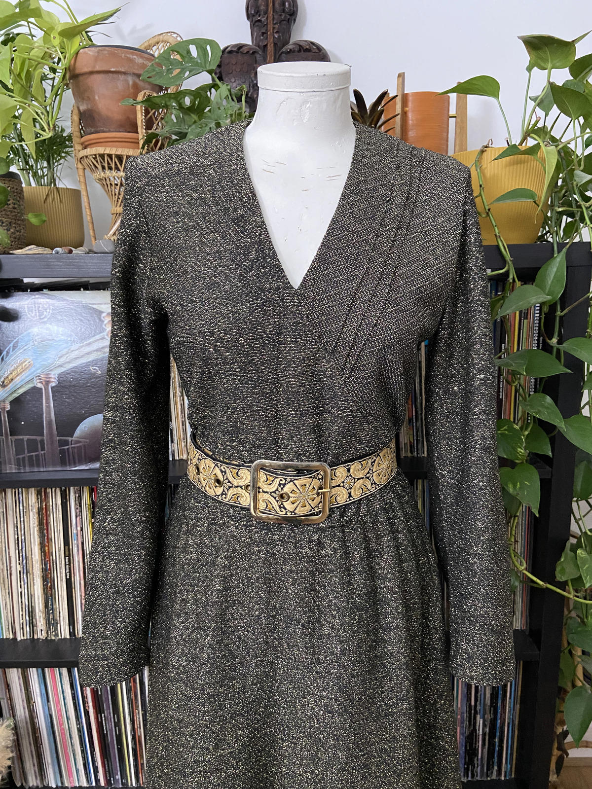 Vintage 1970s Gold Black Lurex Dress