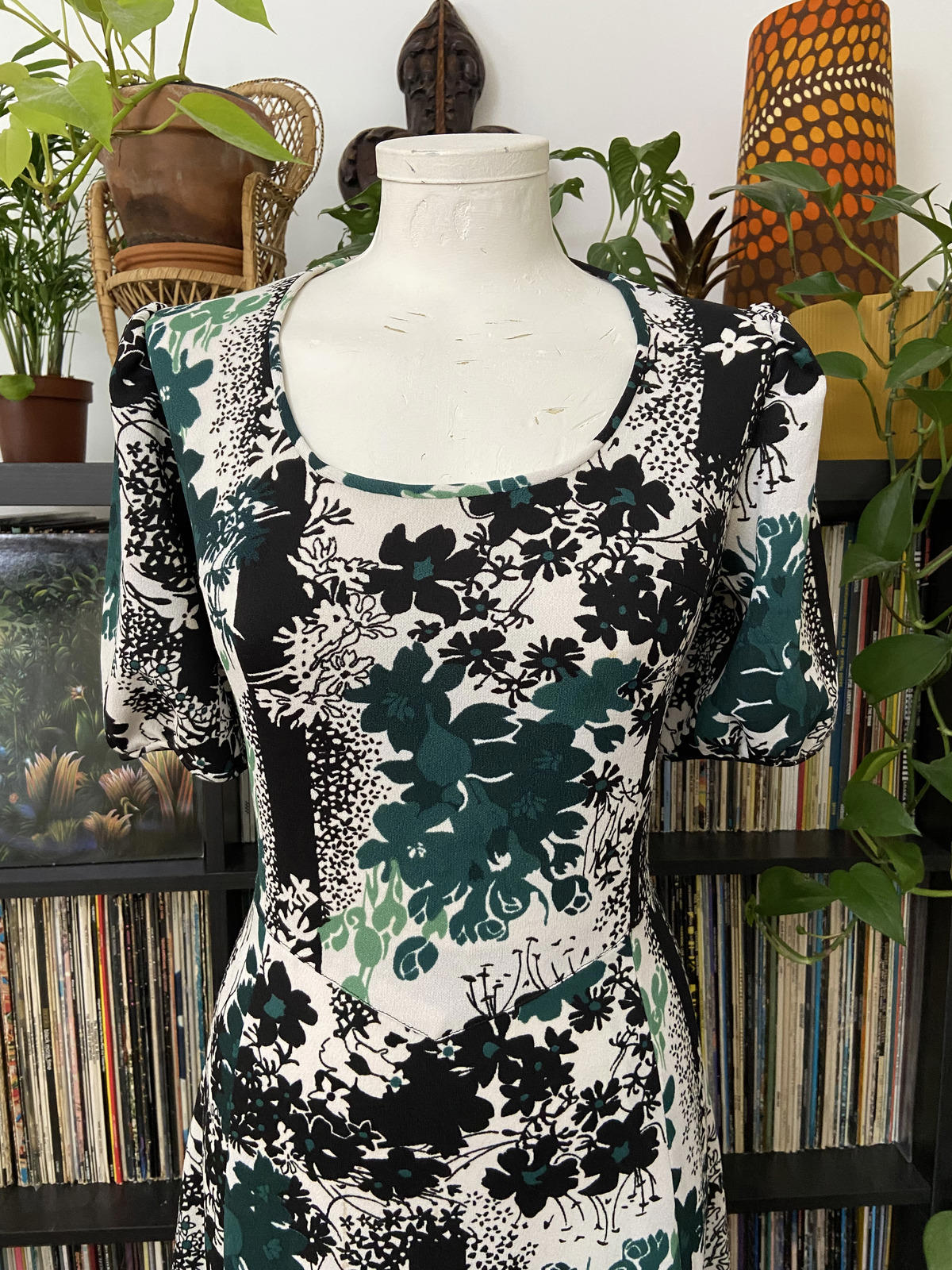 Vintage 1970s White Green Black Maxi Dress