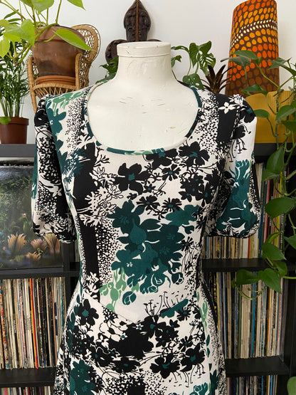 Vintage 1970s White Green Black Maxi Dress