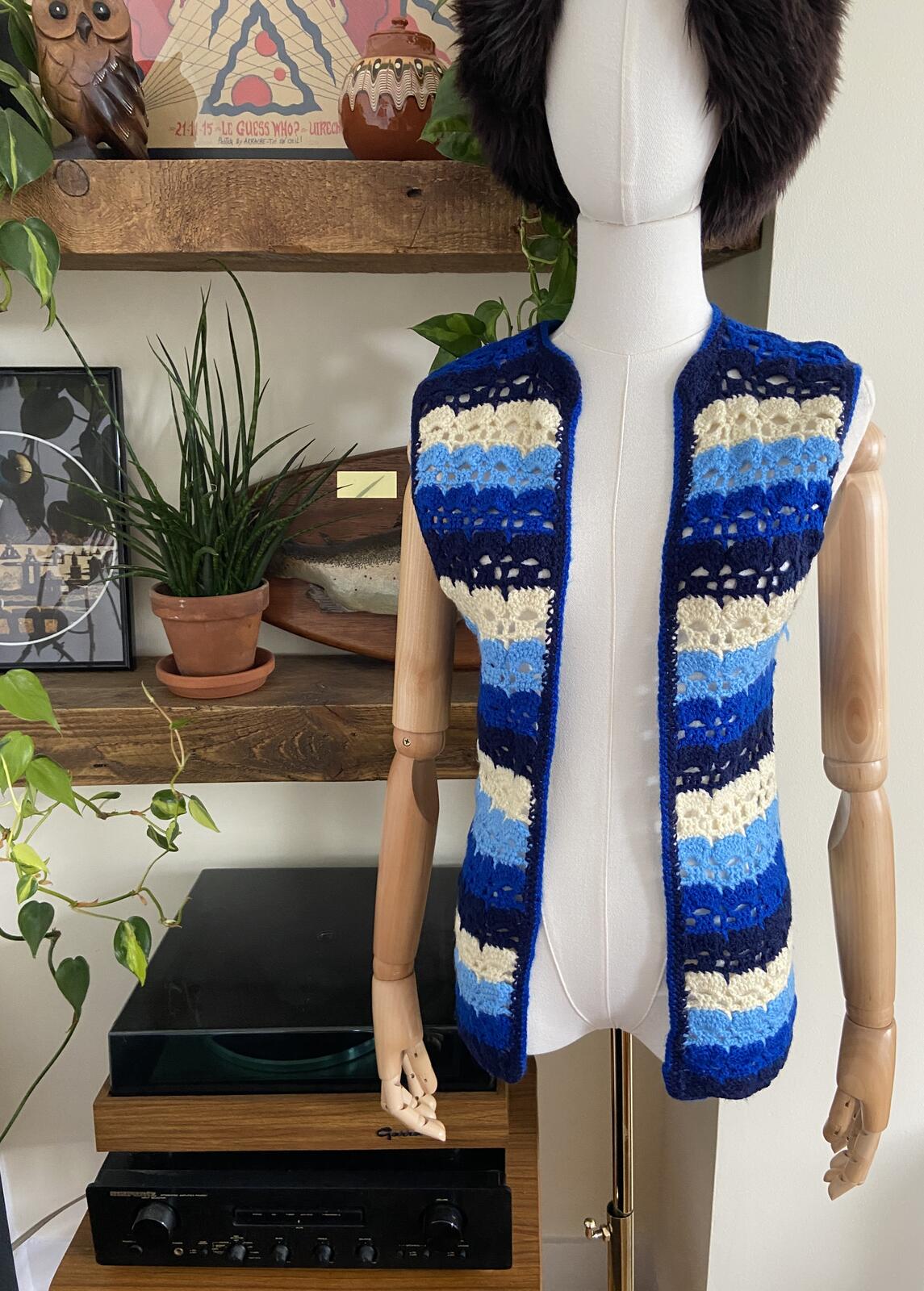Vintage 1970s Blue Crochet Waistcoat