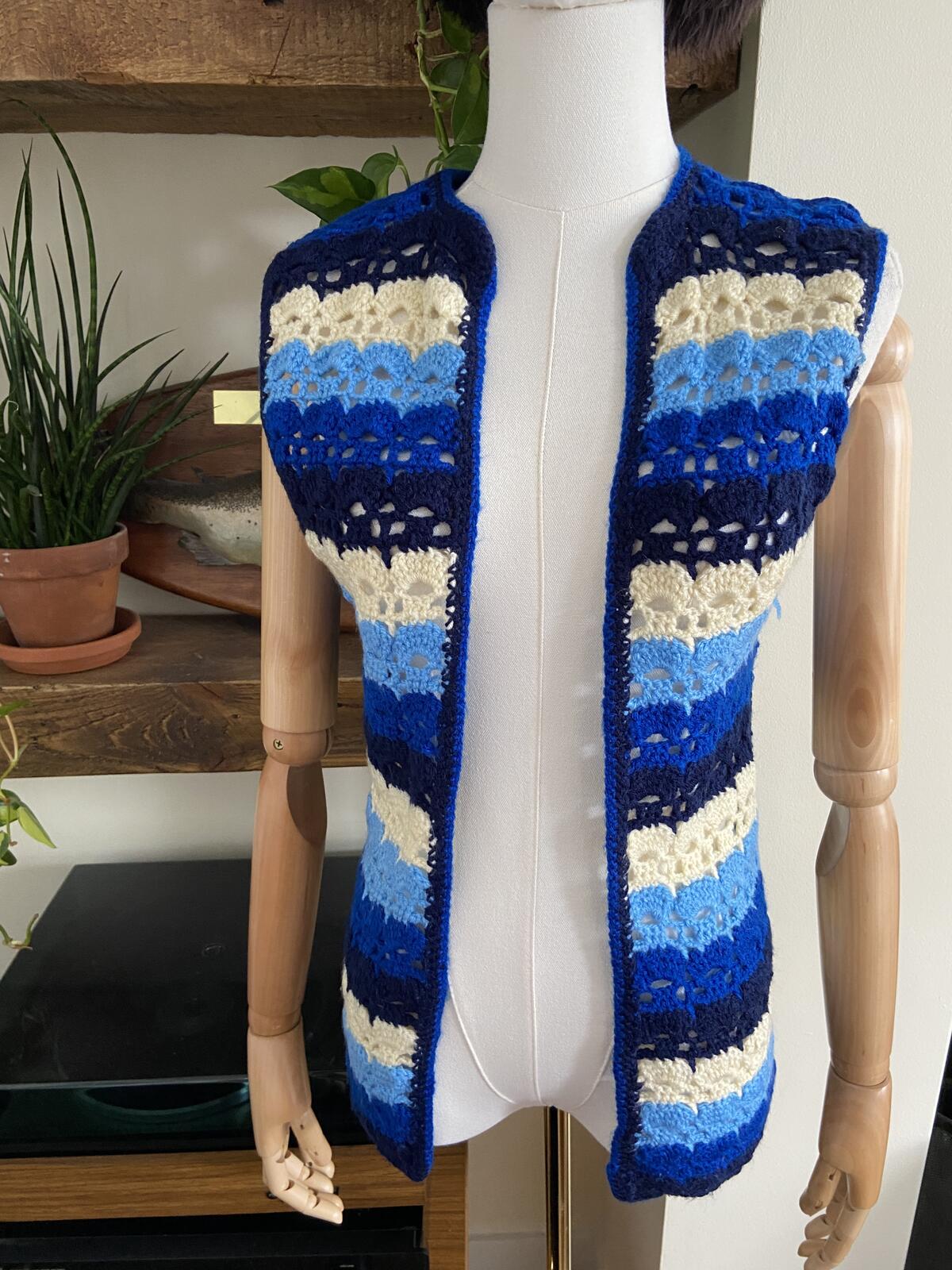 Vintage 1970s Blue Crochet Waistcoat