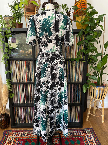 Vintage 1970s White Green Black Maxi Dress