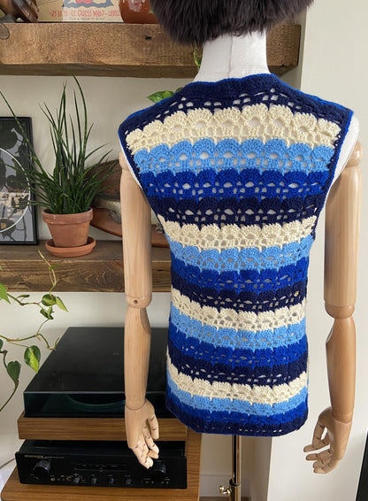 Vintage 1970s Blue Crochet Waistcoat