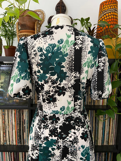 Vintage 1970s White Green Black Maxi Dress