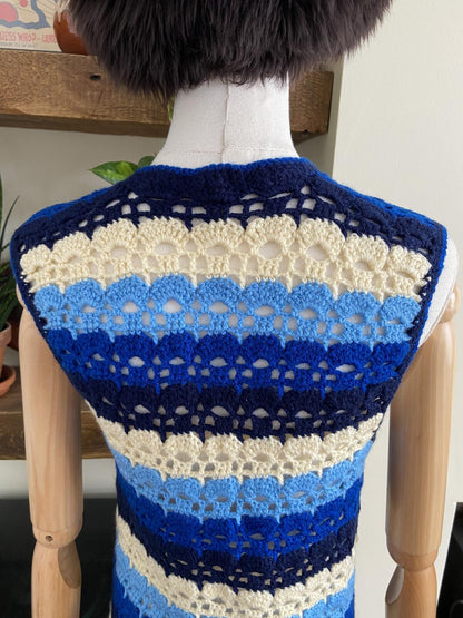 Vintage 1970s Blue Crochet Waistcoat