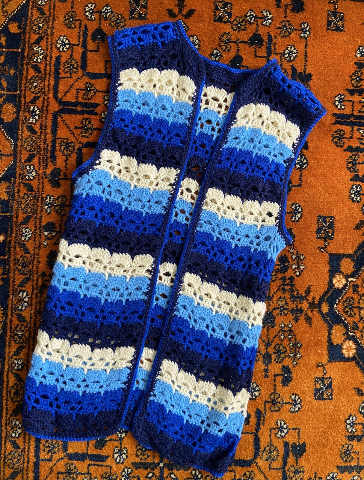 Vintage 1970s Blue Crochet Waistcoat
