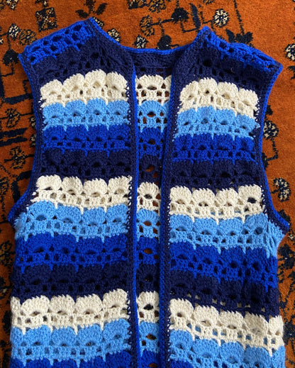 Vintage 1970s Blue Crochet Waistcoat