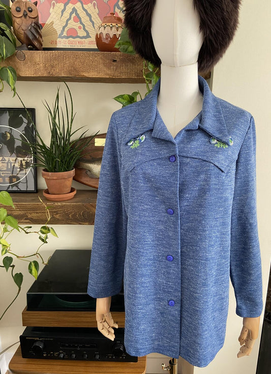 Vintage 1970s Blue Textured Dagger Collar Shirt