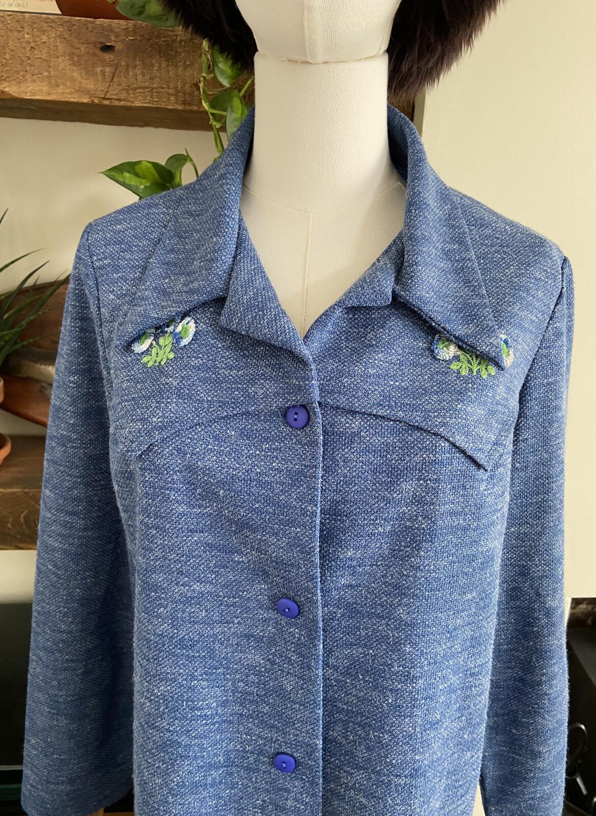 Vintage 1970s Blue Textured Dagger Collar Shirt