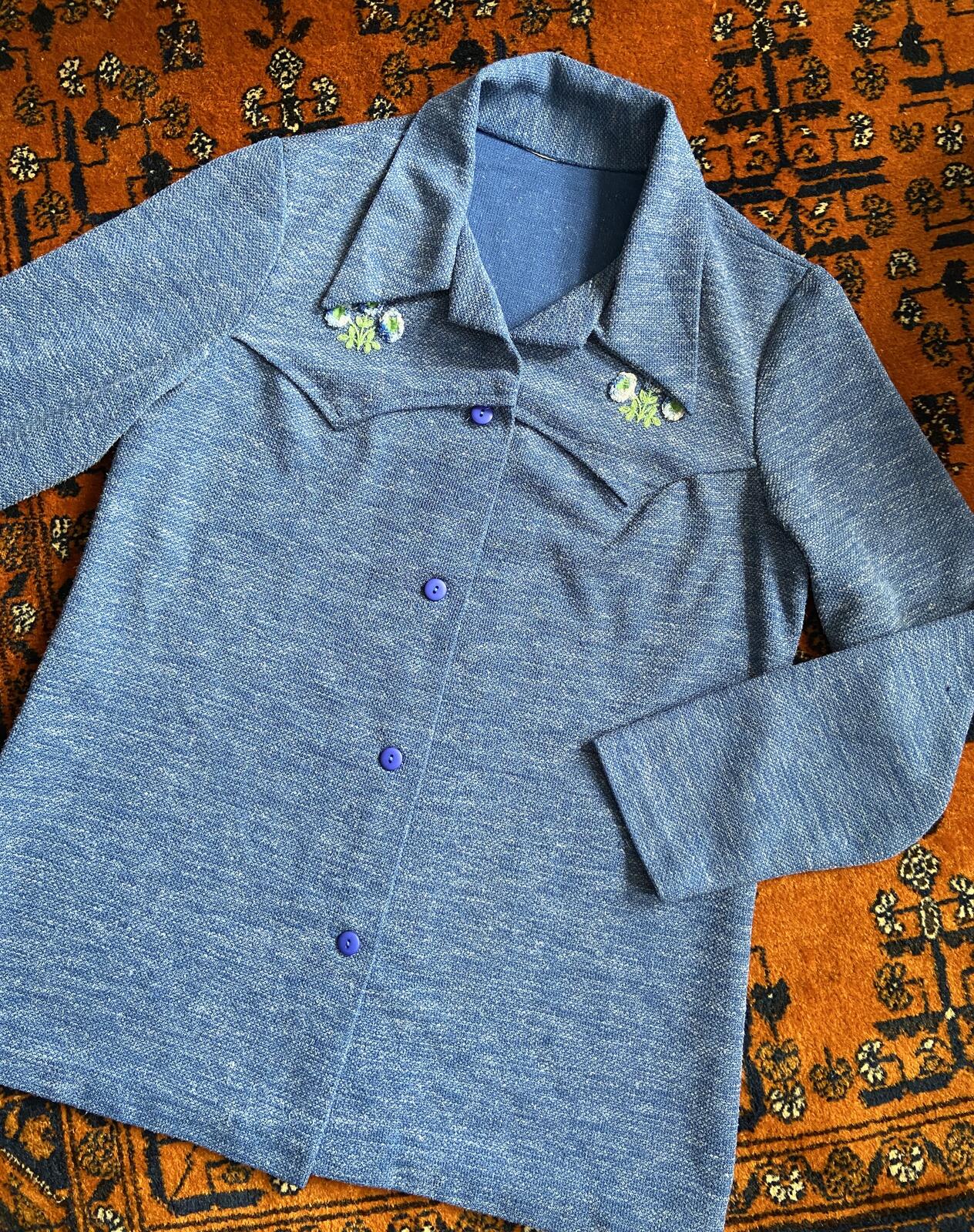Vintage 1970s Blue Textured Dagger Collar Shirt