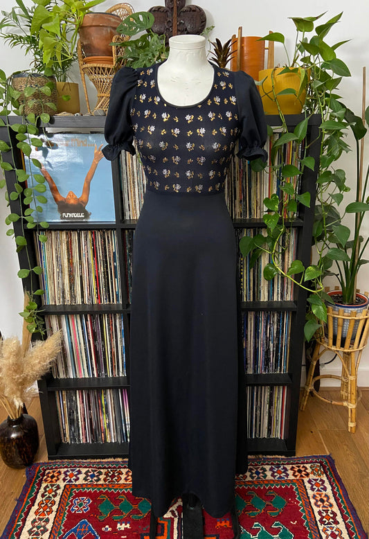 Vintage 1970s Black Puff Sleeve Maxi Dress