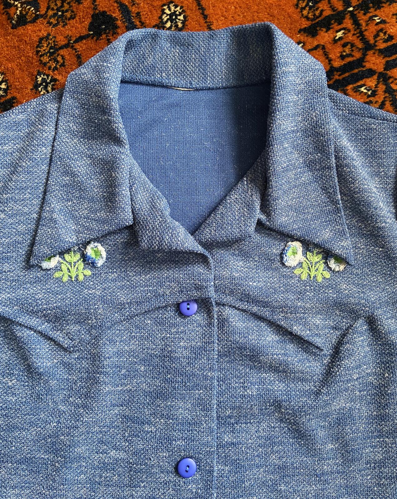 Vintage 1970s Blue Textured Dagger Collar Shirt