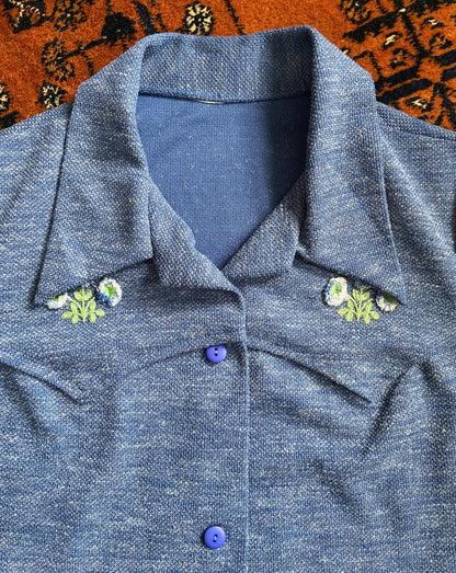Vintage 1970s Blue Textured Dagger Collar Shirt