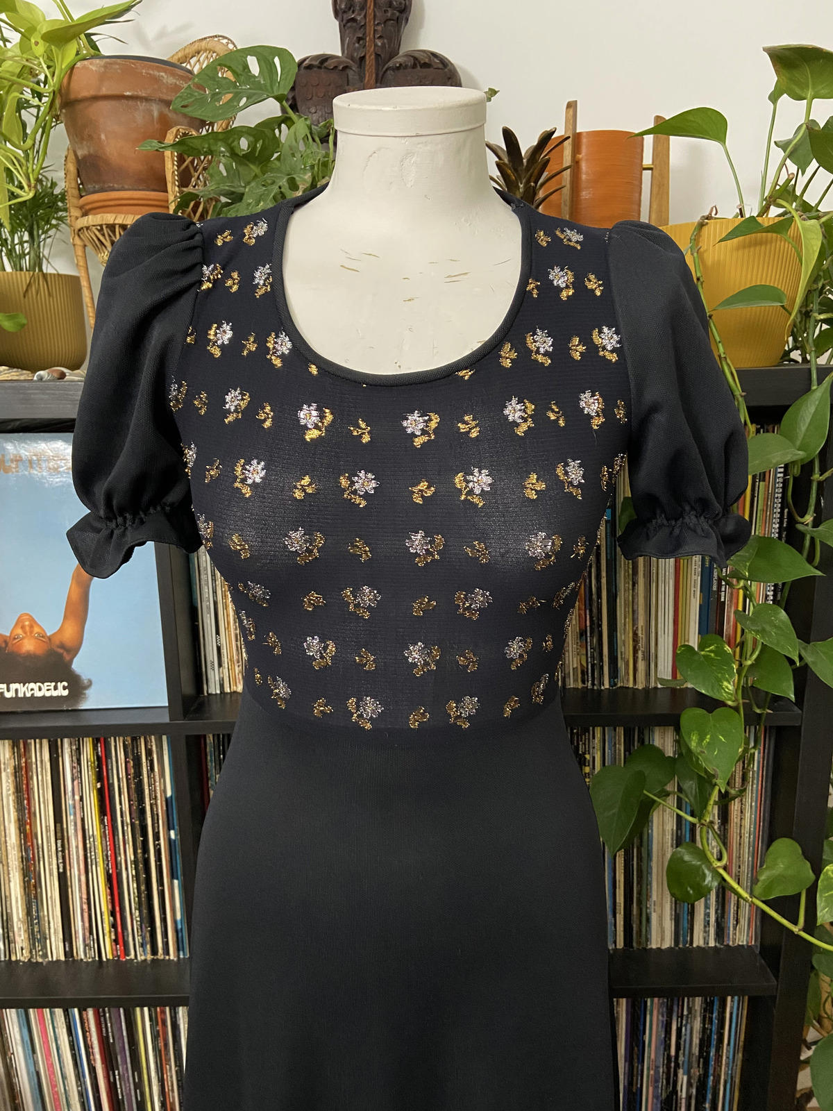 Vintage 1970s Black Puff Sleeve Maxi Dress