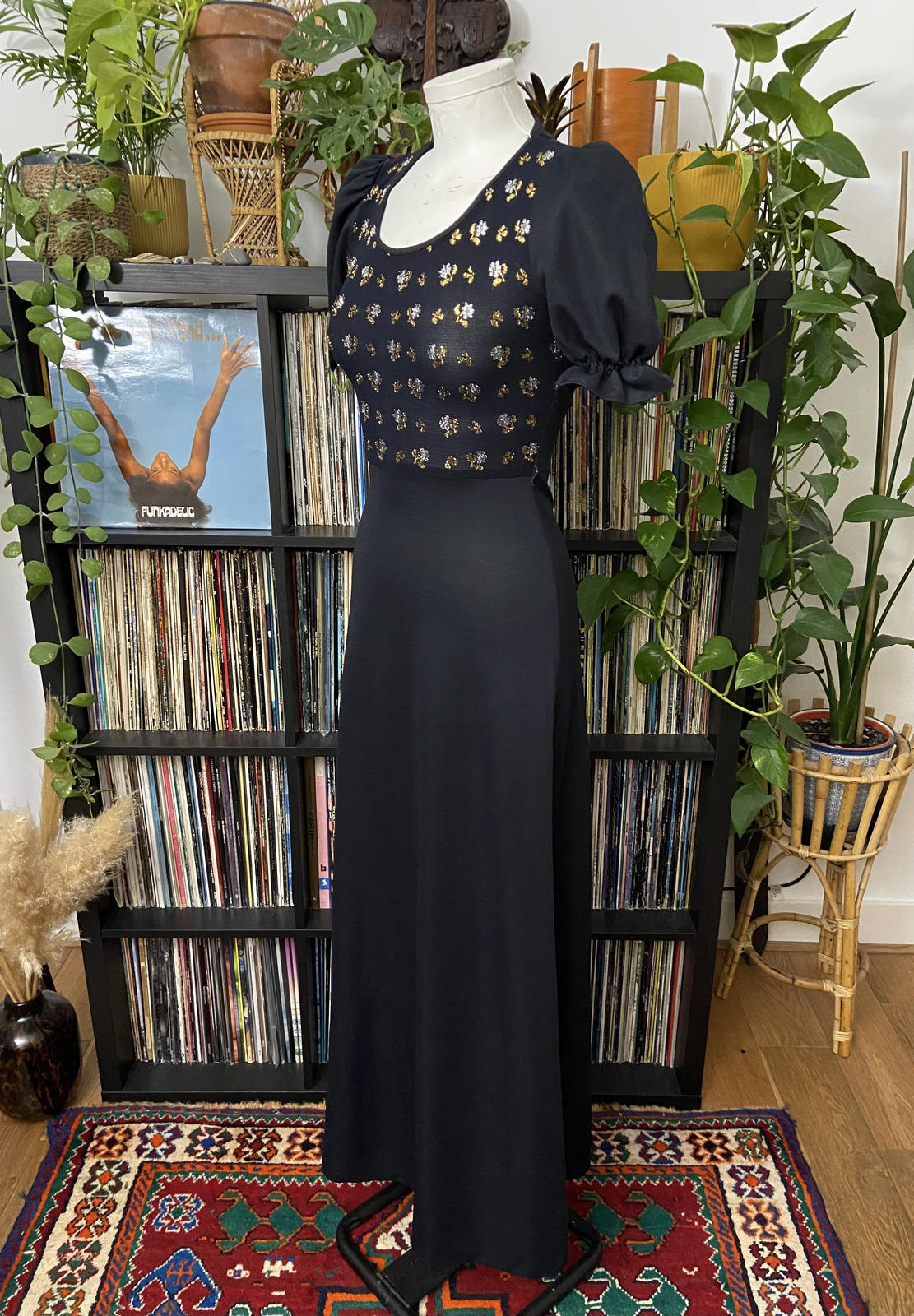 Vintage 1970s Black Puff Sleeve Maxi Dress