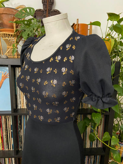 Vintage 1970s Black Puff Sleeve Maxi Dress