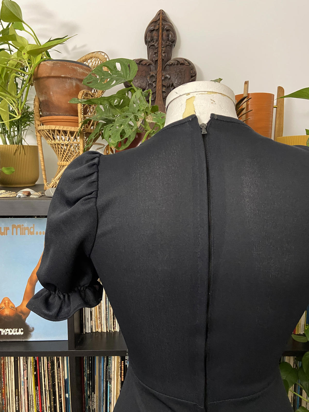 Vintage 1970s Black Puff Sleeve Maxi Dress