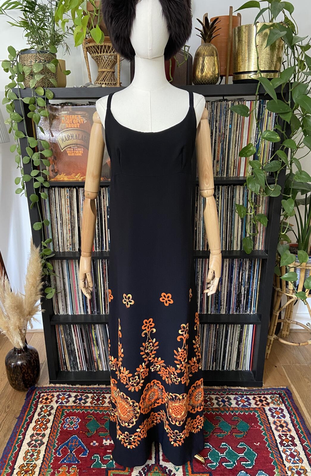 Vintage 1960s Black Orange Embroidered Maxi Dress
