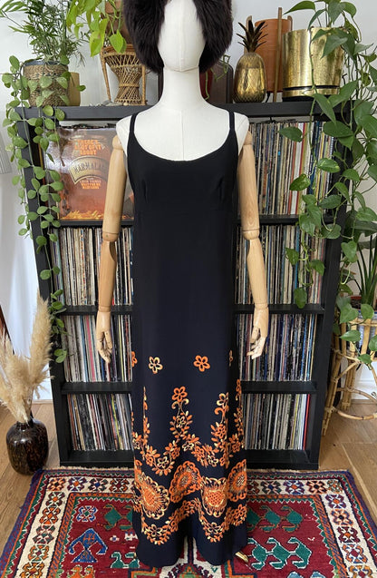 Vintage 1960s Black Orange Embroidered Maxi Dress