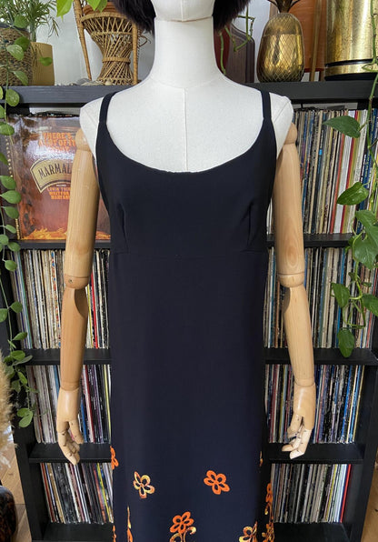 Vintage 1960s Black Orange Embroidered Maxi Dress