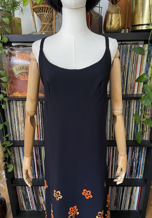 Vintage 1960s Black Orange Embroidered Maxi Dress