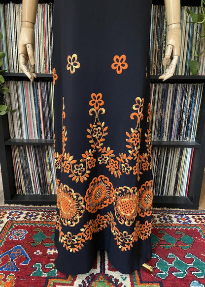 Vintage 1960s Black Orange Embroidered Maxi Dress