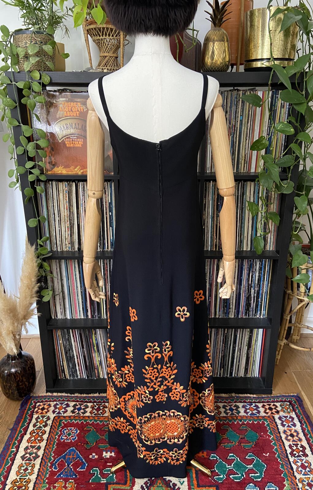 Vintage 1960s Black Orange Embroidered Maxi Dress